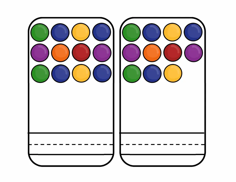 Counting cards for 12 and 11: students count the green, blue, yellow, purple, orange and red balls and write each total
