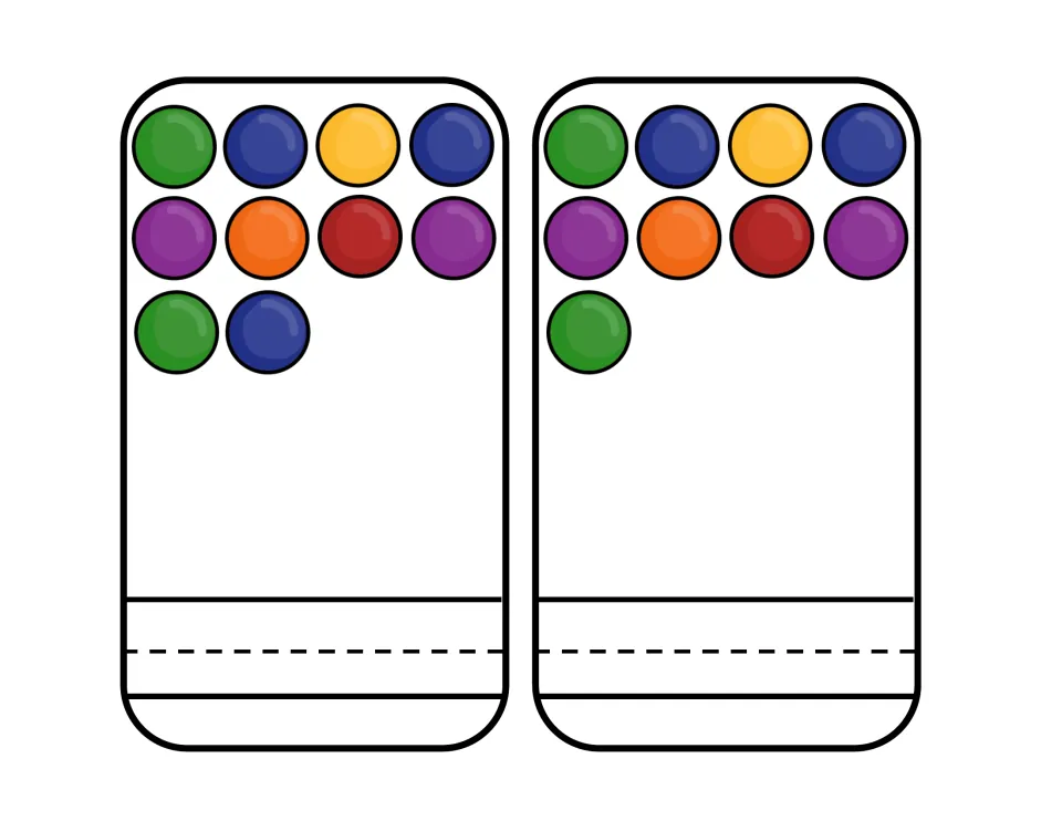 Cards showing 10 and 9 balls: students count the objects on each card and write the number with a dry erase marker