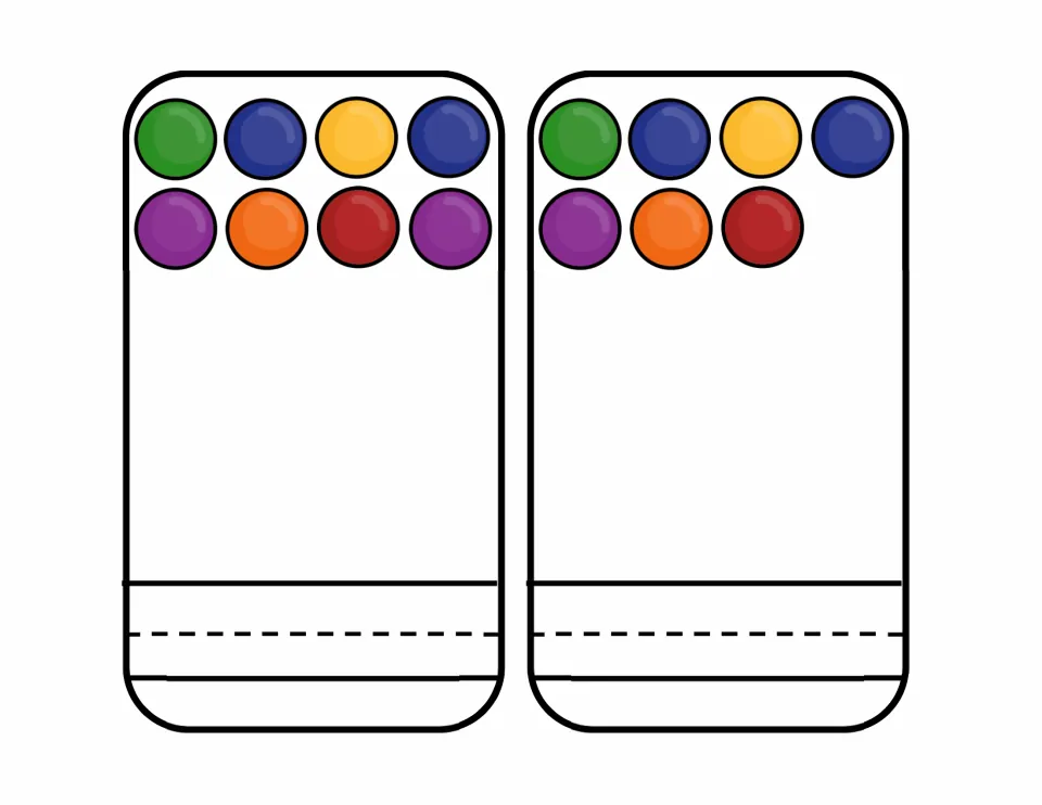 Number cards for 8 and 7: students count the colored balls in two short rows and record the numeral on each