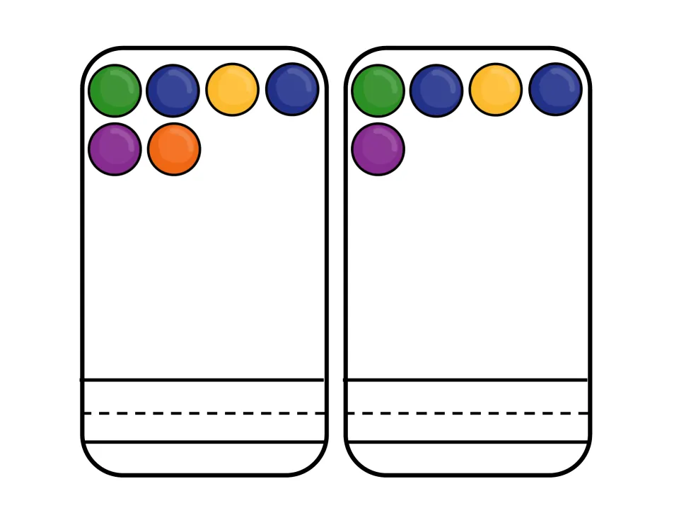 Counting cards for 6 and 5: students count the few balls at the top of each card and write the matching number below