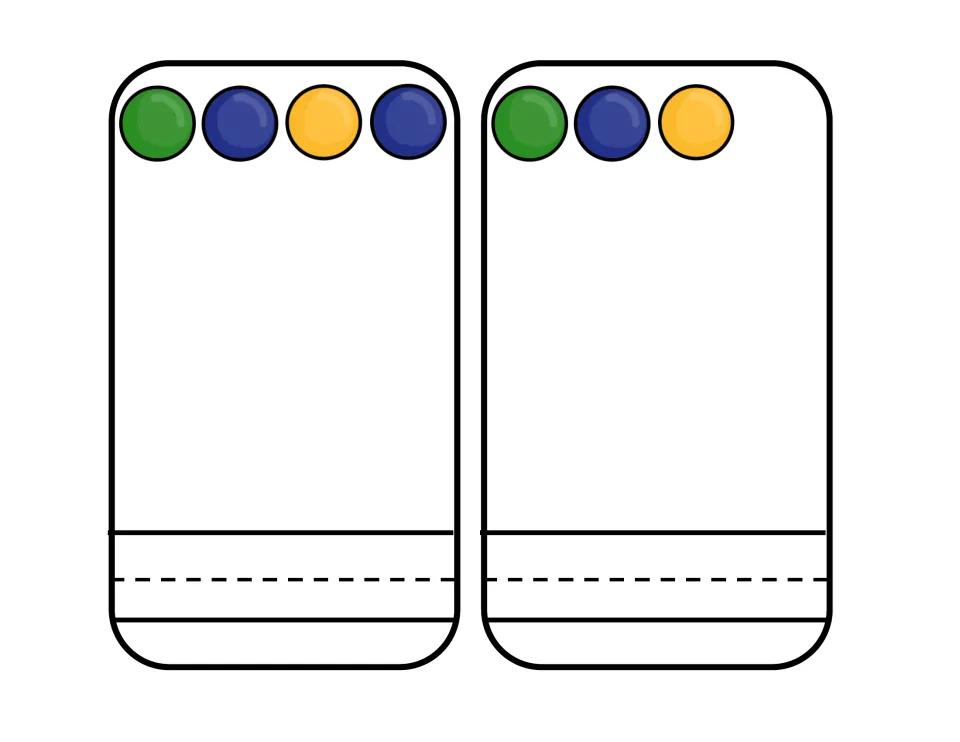 Smallest-quantity cards with 4 and 3 balls in a single row: students count each set and practise writing 4 and 3