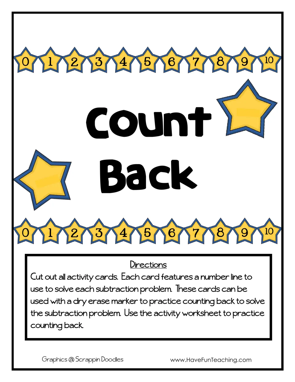 Count Back Activity cover with directions for cutting out cards and practicing subtraction by counting back