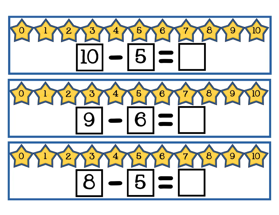 Subtraction cards 1–3 of 10: 10 − 5, 9 − 6, and 8 − 5, each with a 0–10 number line for counting back