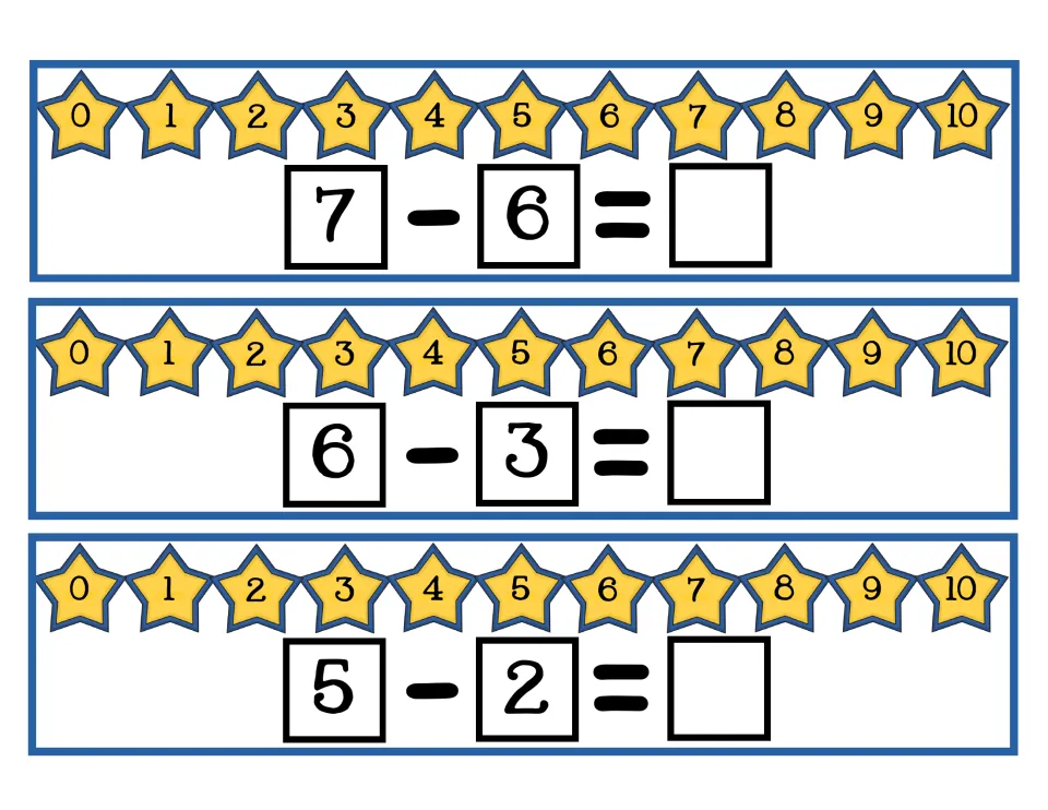 Subtraction cards 4–6 of 10: 7 − 6, 6 − 3, and 5 − 2, each with a 0–10 number line for counting back