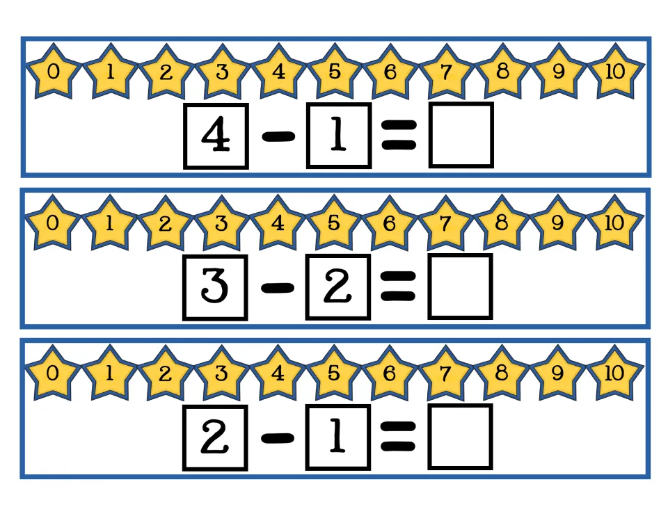 Subtraction cards 7–9 of 10: 4 − 1, 3 − 2, and 2 − 1, each with a 0–10 number line for counting back