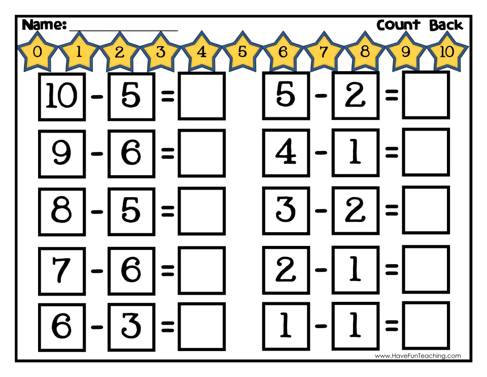 Counting-back practice worksheet repeats all 10 subtraction problems from the cards, with a 0–10 number line