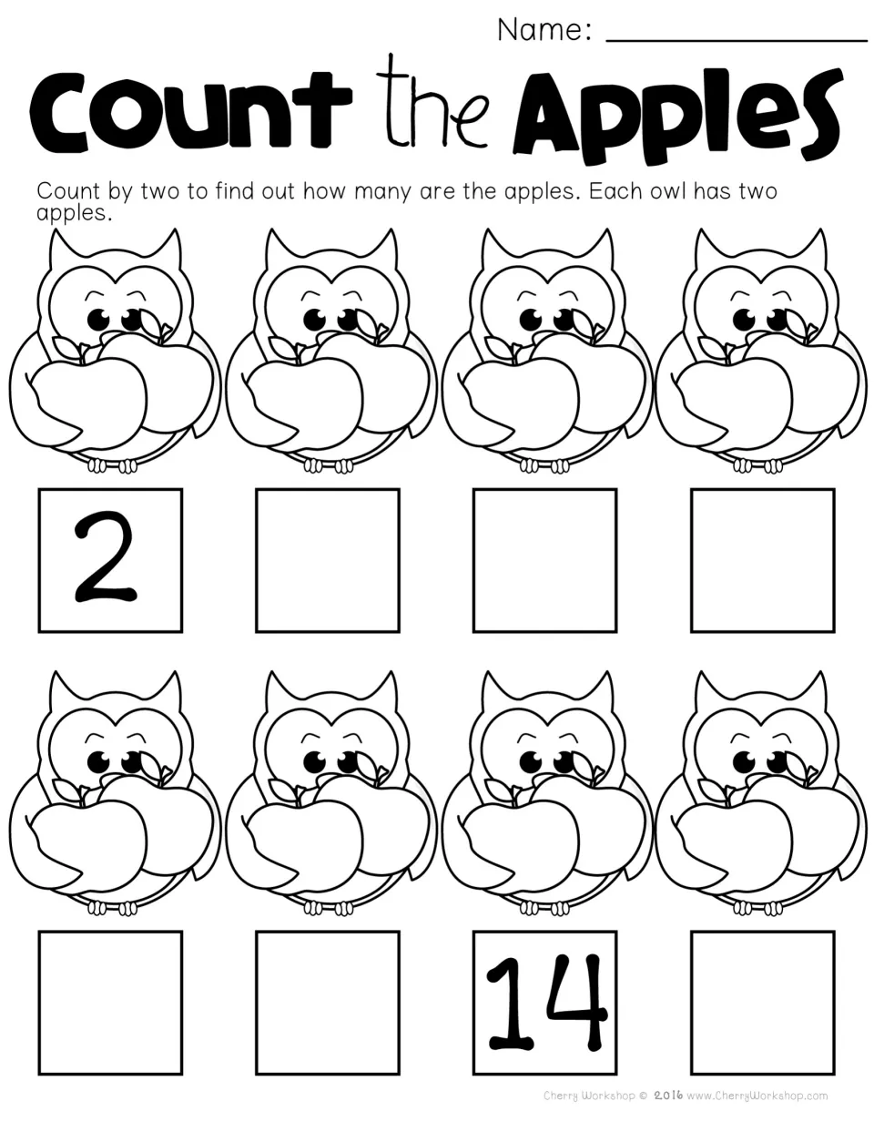 Count the Apples: students skip count by 2s across 8 owls holding two apples each; 2 and 14 are given as hints