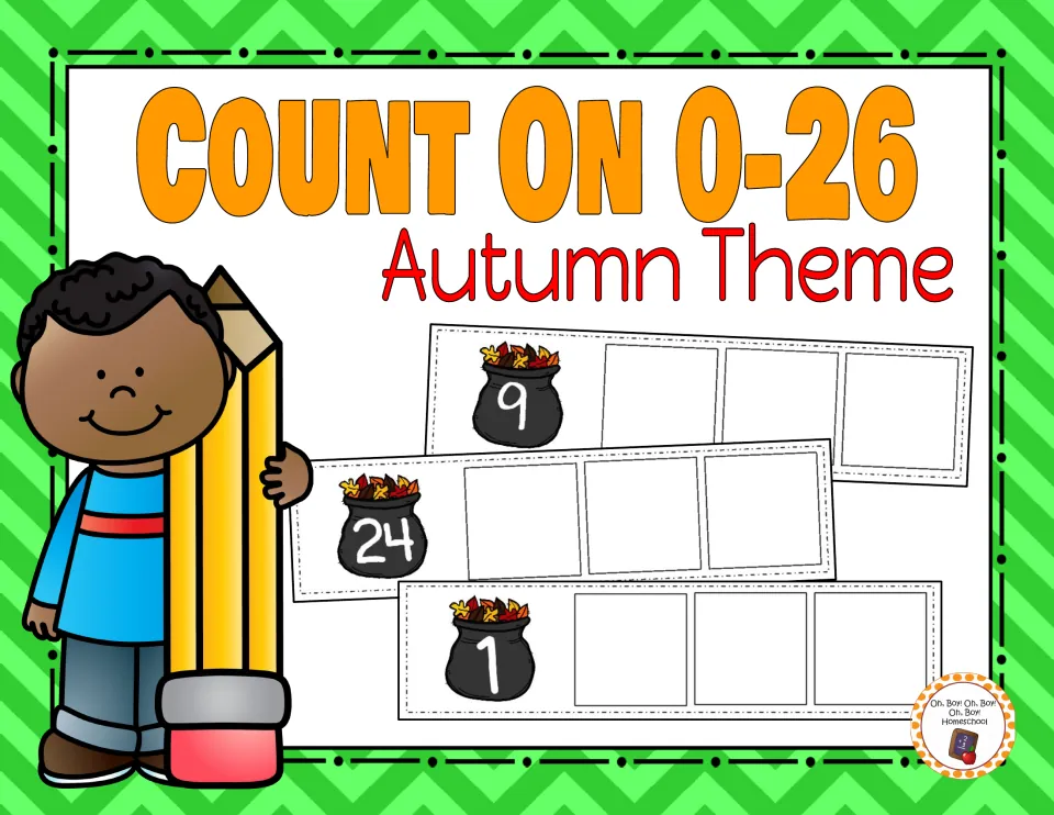 Count On 0-26 Autumn Theme cover: sample number strips with leaf-filled pots showing 9, 24 and 1 and spaces to count on