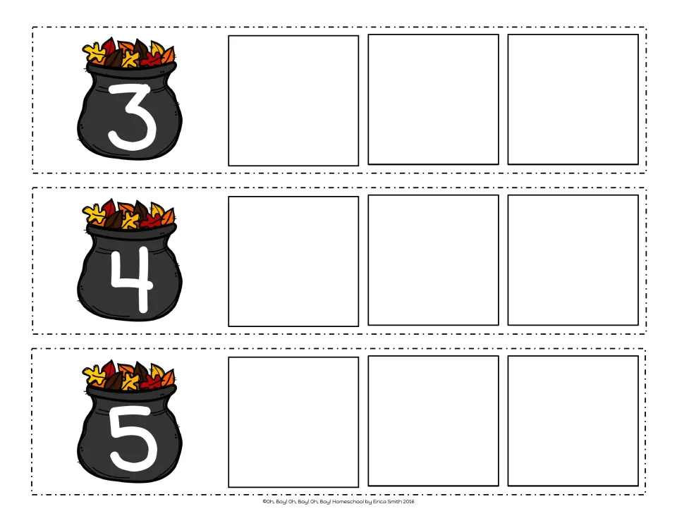 Number order strips for 3, 4 and 5: students read the number on the leaf pot and count on, writing the three that follow