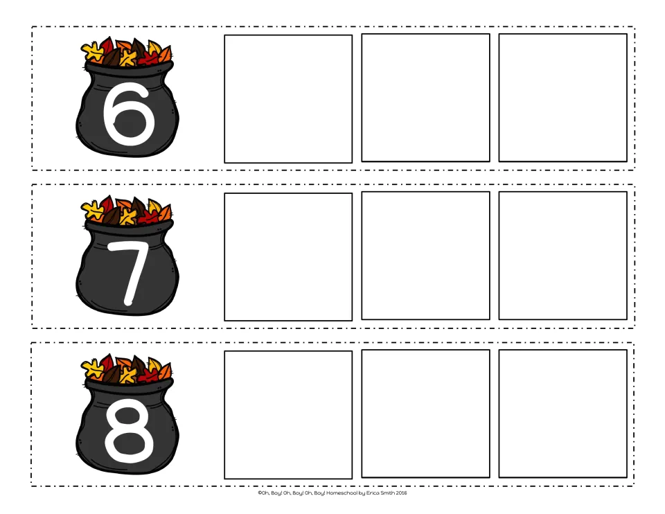 Counting on from 6, 7 and 8: autumn leaf pot strips where students fill in the next three numbers in order up to 11