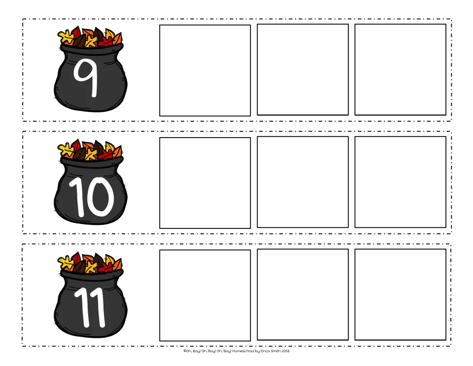 Counting on past ten: leaf pot strips start at 9, 10 and 11 and students write the three numbers that come next