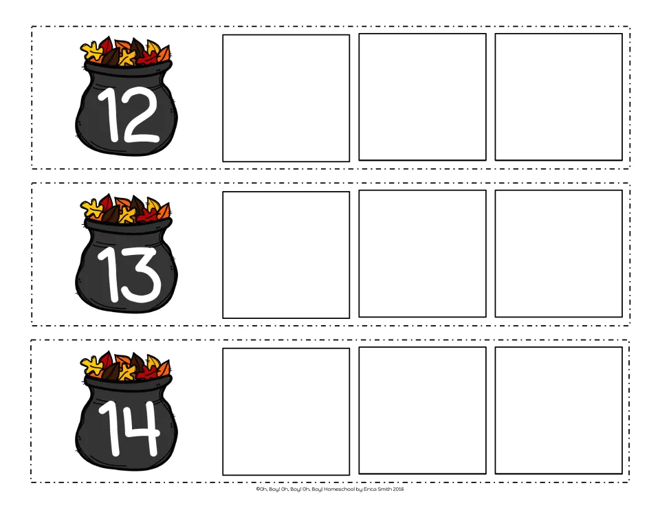 Teen number order: strips start at 12, 13 and 14 on autumn pots and students count on to write the next three numbers