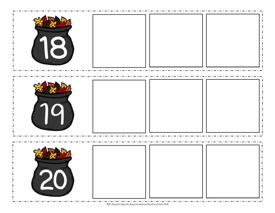 Number order across 20: strips begin at 18, 19 and 20 on fall leaf pots and students fill in the next three numbers