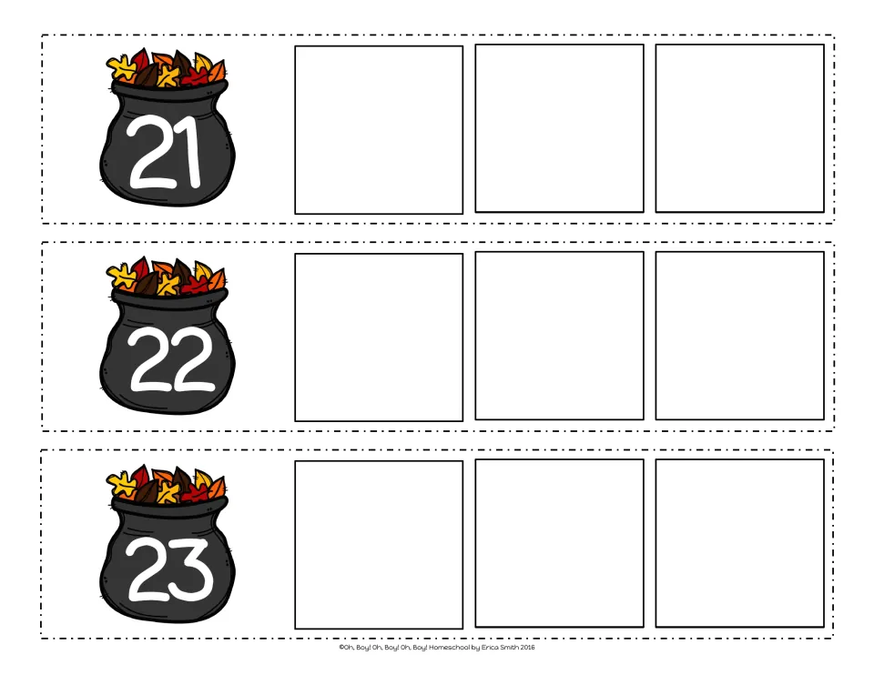 Counting on in the twenties: leaf pot strips start at 21, 22 and 23 and students write the next three numbers up to 26