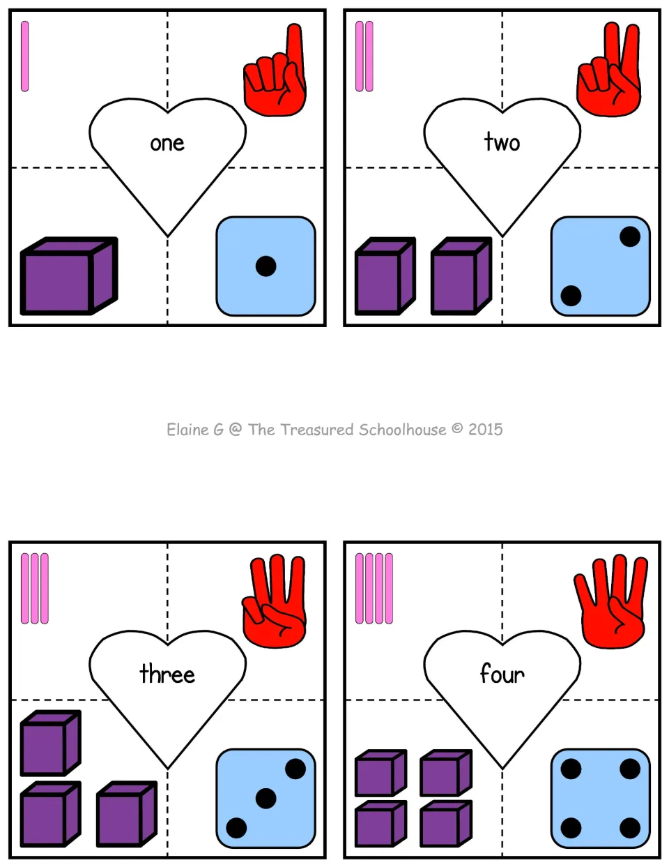 Counting puzzle cards for 1–4, showing each number as tally marks, fingers, purple blocks and dice.