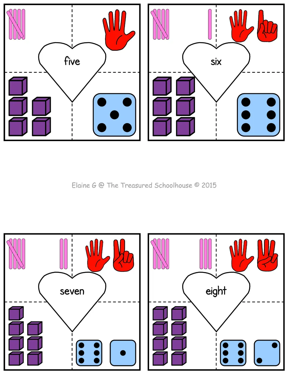 Counting puzzle cards for 5–8, showing each number as tally marks, fingers, purple blocks and dice.