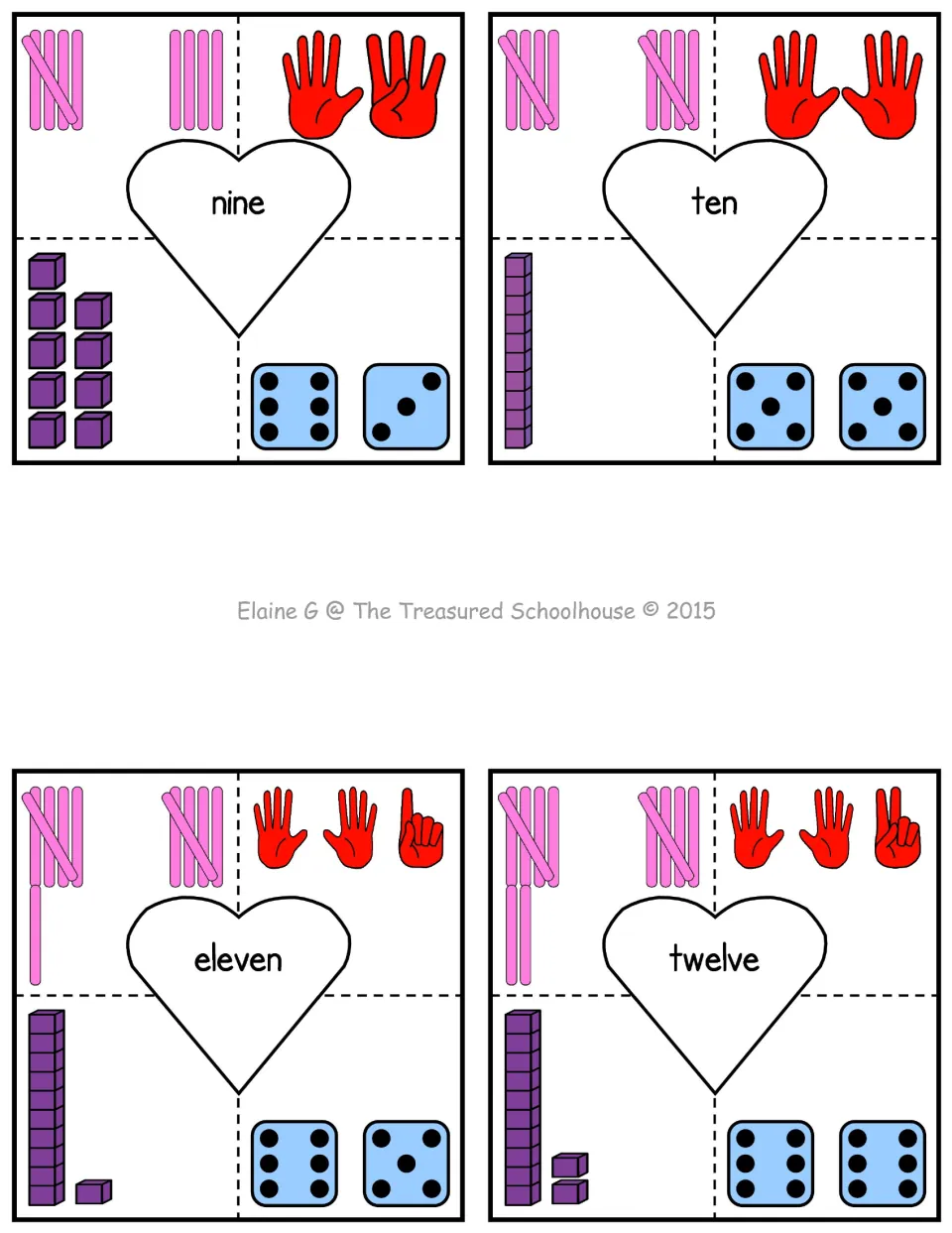 Counting puzzle cards for 9–12, showing each number as tally marks, fingers, base-ten blocks and dice.