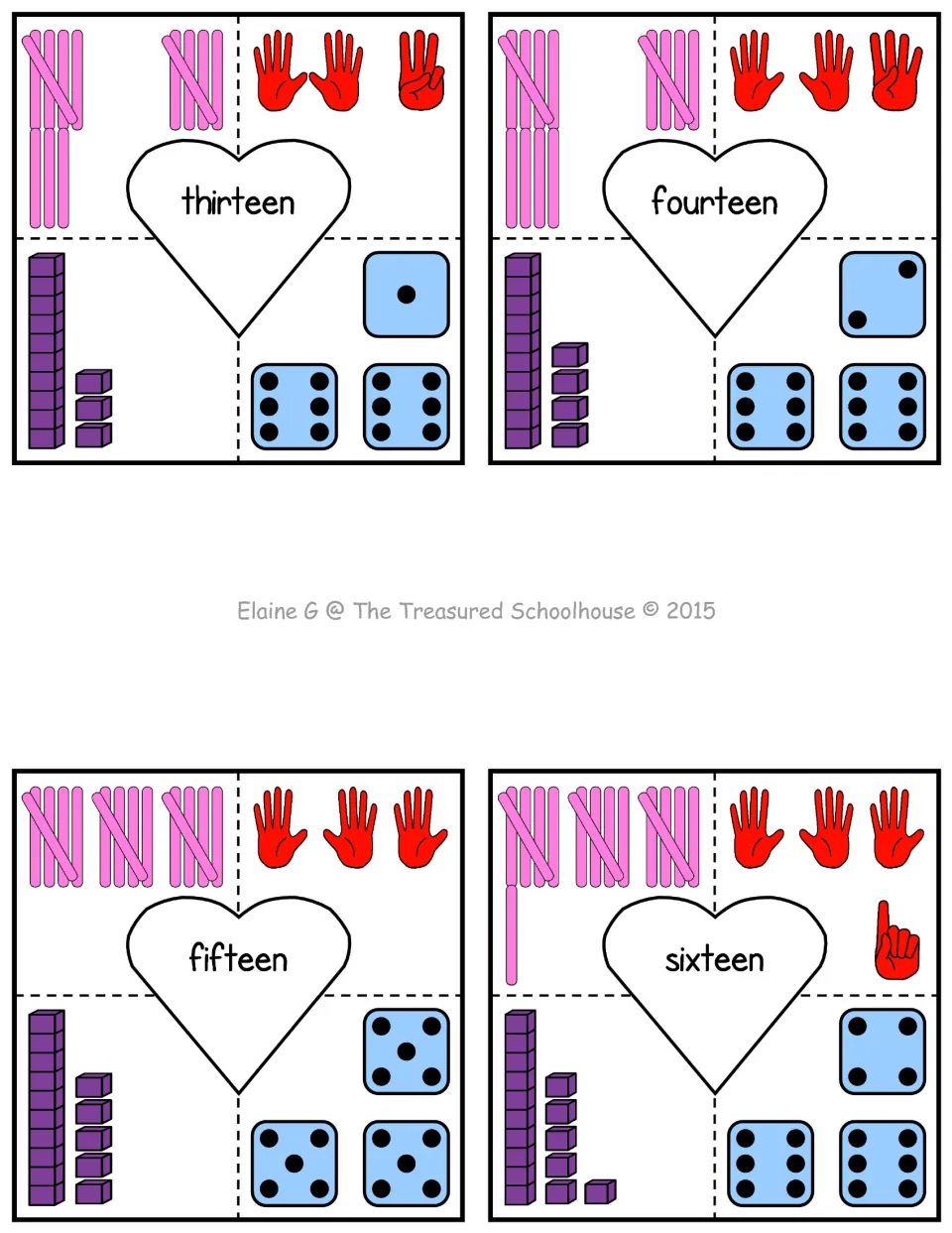 Counting puzzle cards for 13–16, showing each number as tally marks, fingers, base-ten blocks and dice.