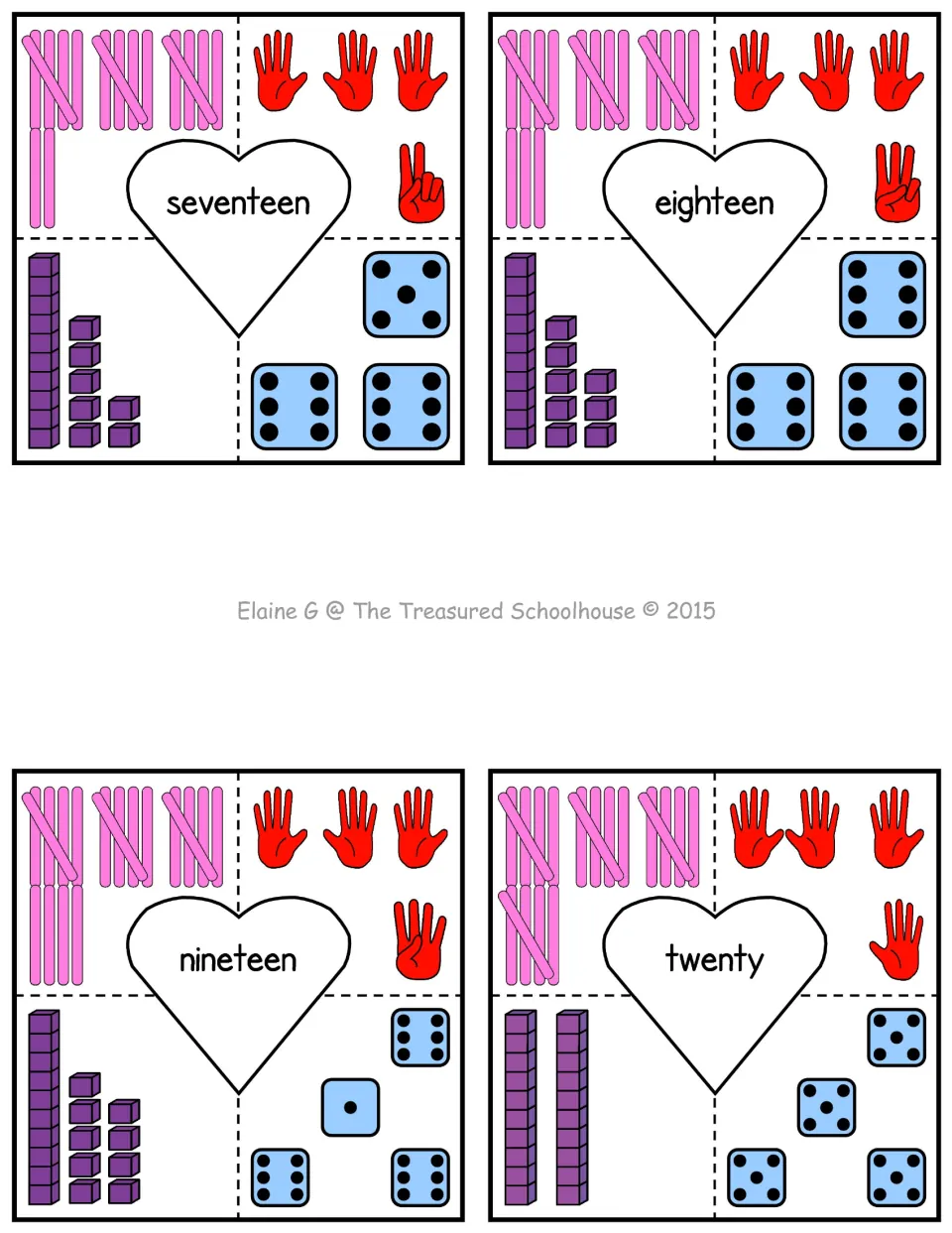 Counting puzzle cards for 17–20, showing each number as tally marks, fingers, base-ten blocks and dice.