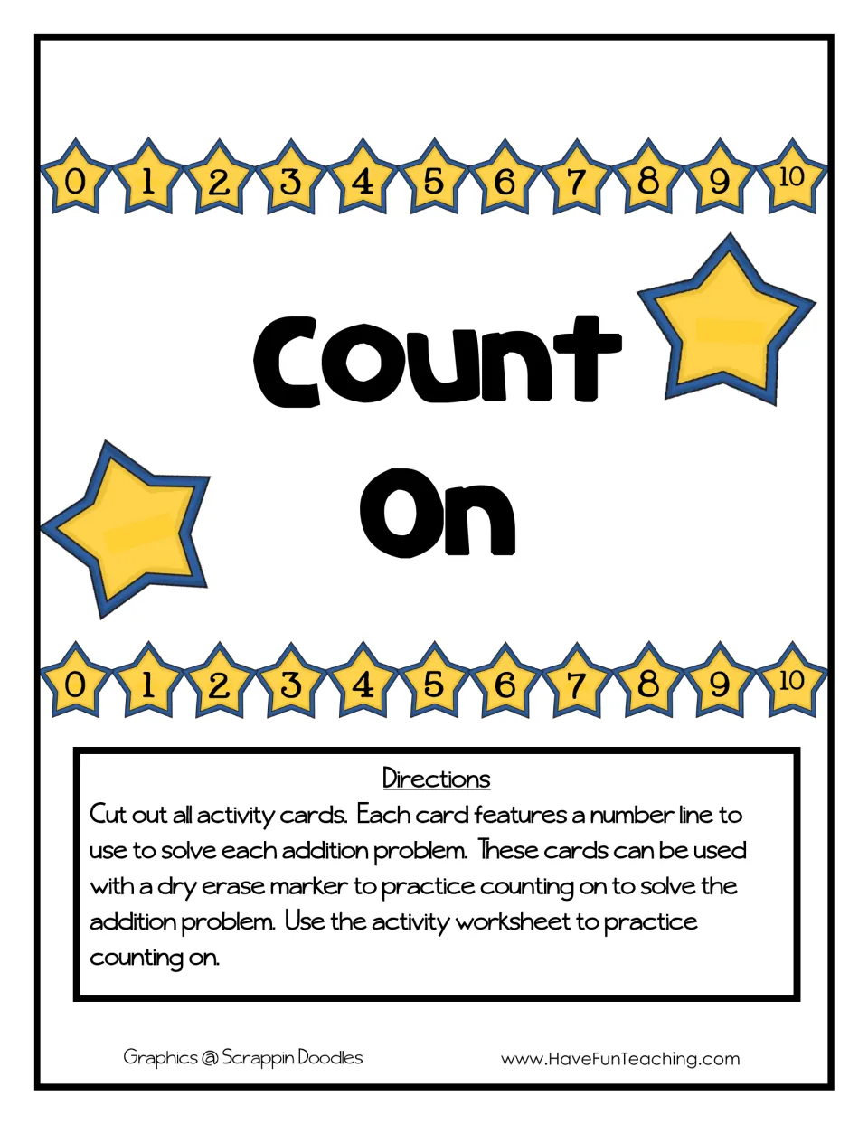 Count On cover with a 0-10 star number line and directions to cut out addition cards and solve them with a dry erase marker