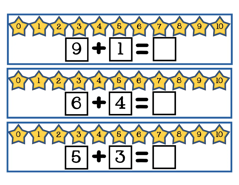 Counting on cards: 9 + 1, 6 + 4 and 5 + 3, each with a 0-10 star number line and an empty box for the sum