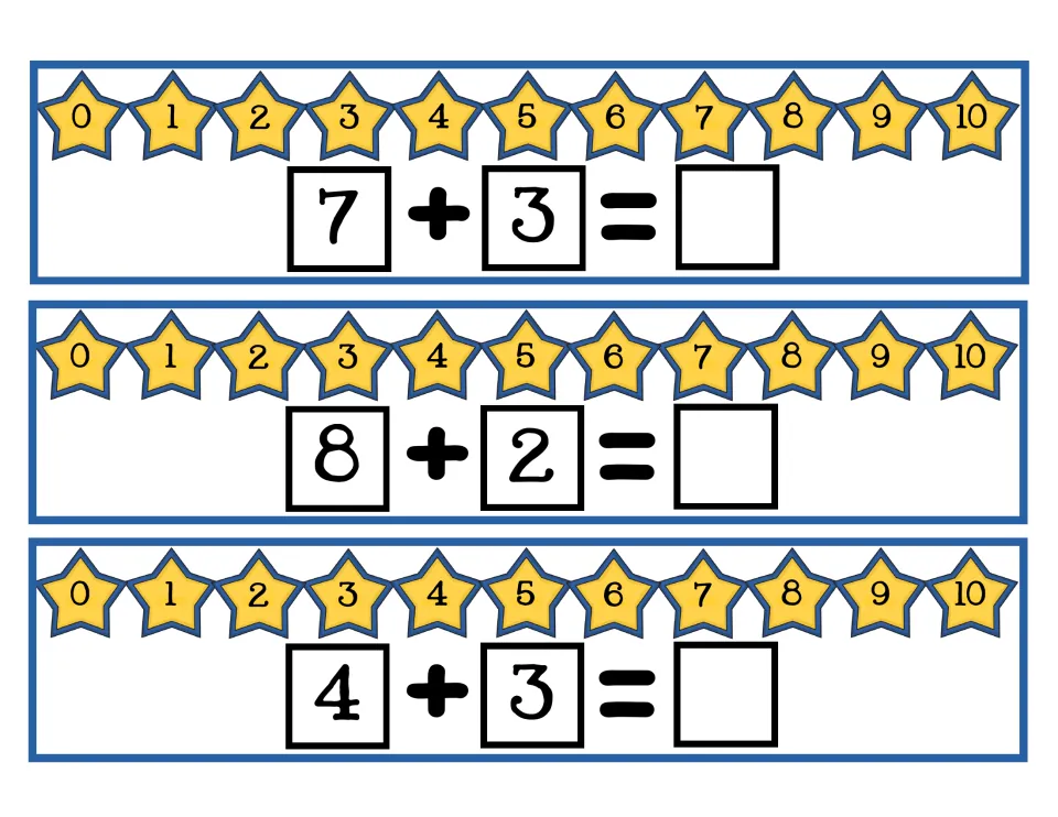 Counting on cards: 7 + 3, 8 + 2 and 4 + 3, each paired with a 0-10 star number line for finding the sum
