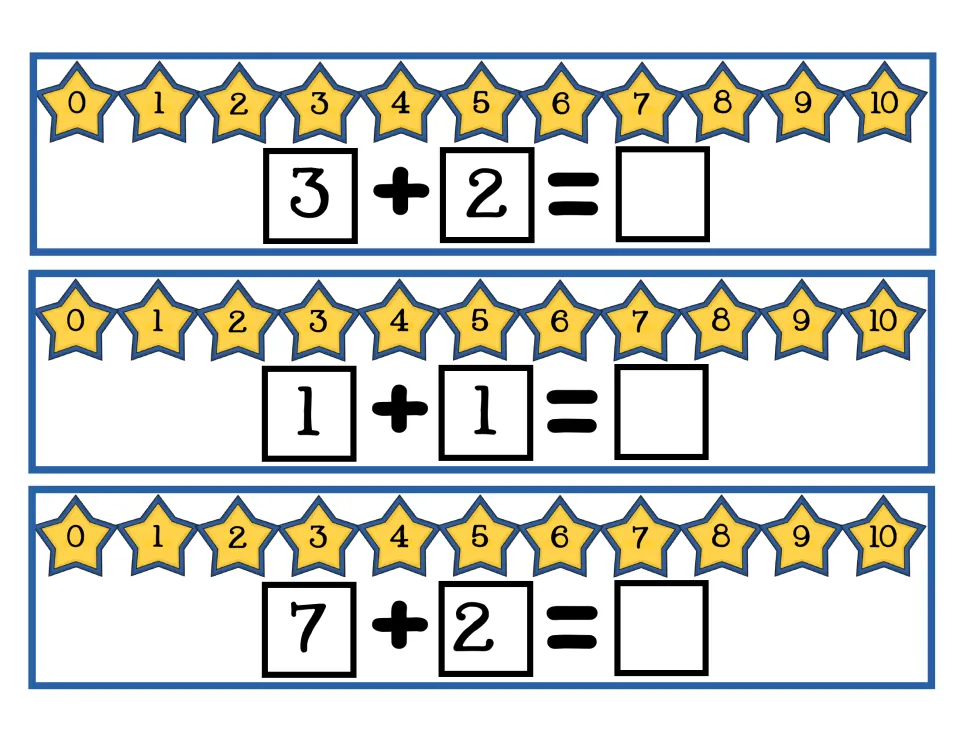 Counting on cards: 3 + 2, 1 + 1 and 7 + 2, where students hop forward on a 0-10 star number line to add