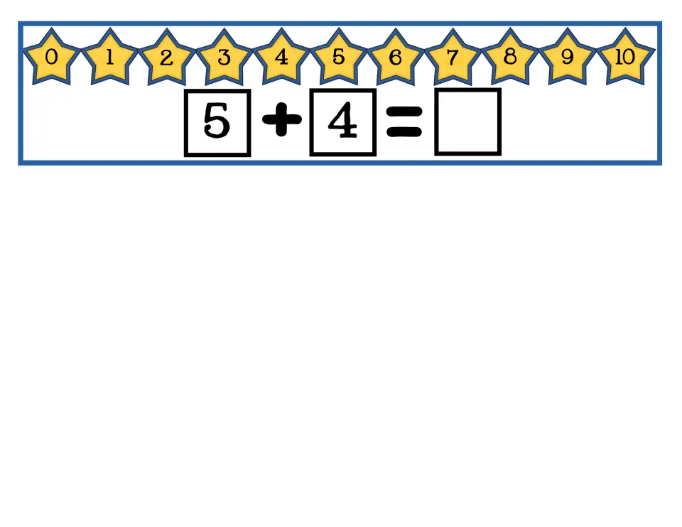 Final counting on card: 5 + 4 with a 0-10 star number line above and an empty box to write the sum