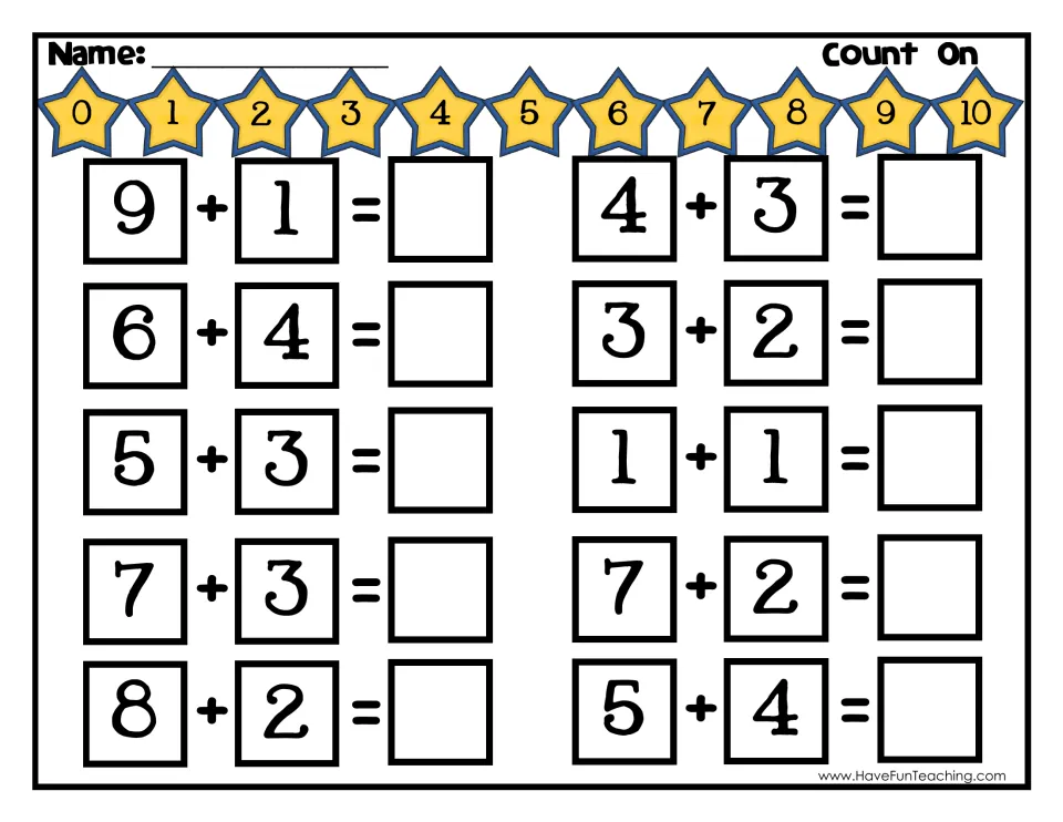 Count On worksheet: students use a 0-10 star number line to solve 10 addition facts such as 9 + 1 and 5 + 4
