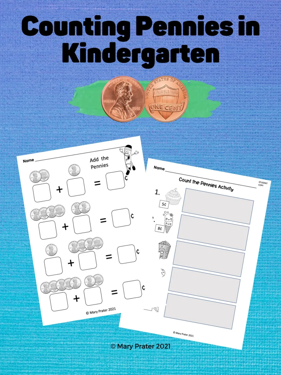 Cover titled 'Counting Pennies in Kindergarten' showing pennies and samples of addition and counting tasks