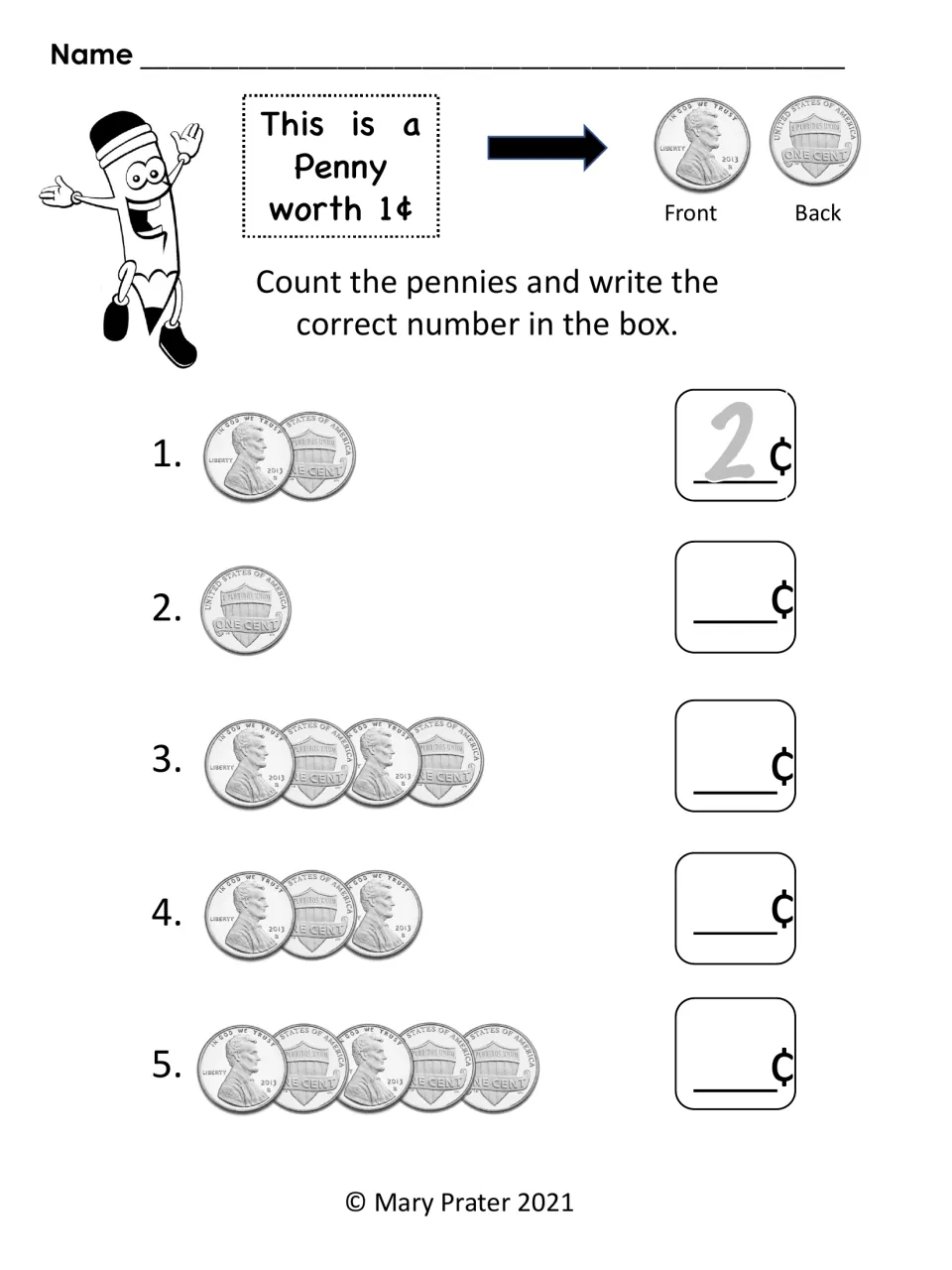 Penny-counting practice for amounts from 1¢ to 5¢, with five coin groups and a completed 2¢ example