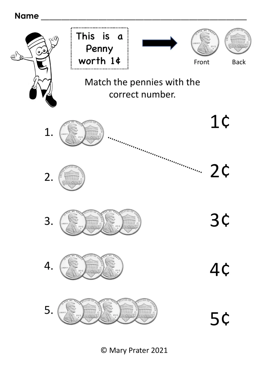 Penny-matching practice pairs five coin groups with values from 1¢ to 5¢, with a completed 2¢ example