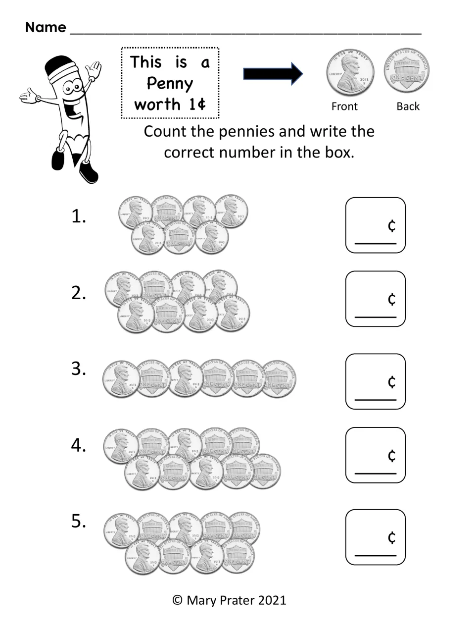 Penny-counting practice for amounts from 6¢ to 10¢ asks students to record values for five coin groups