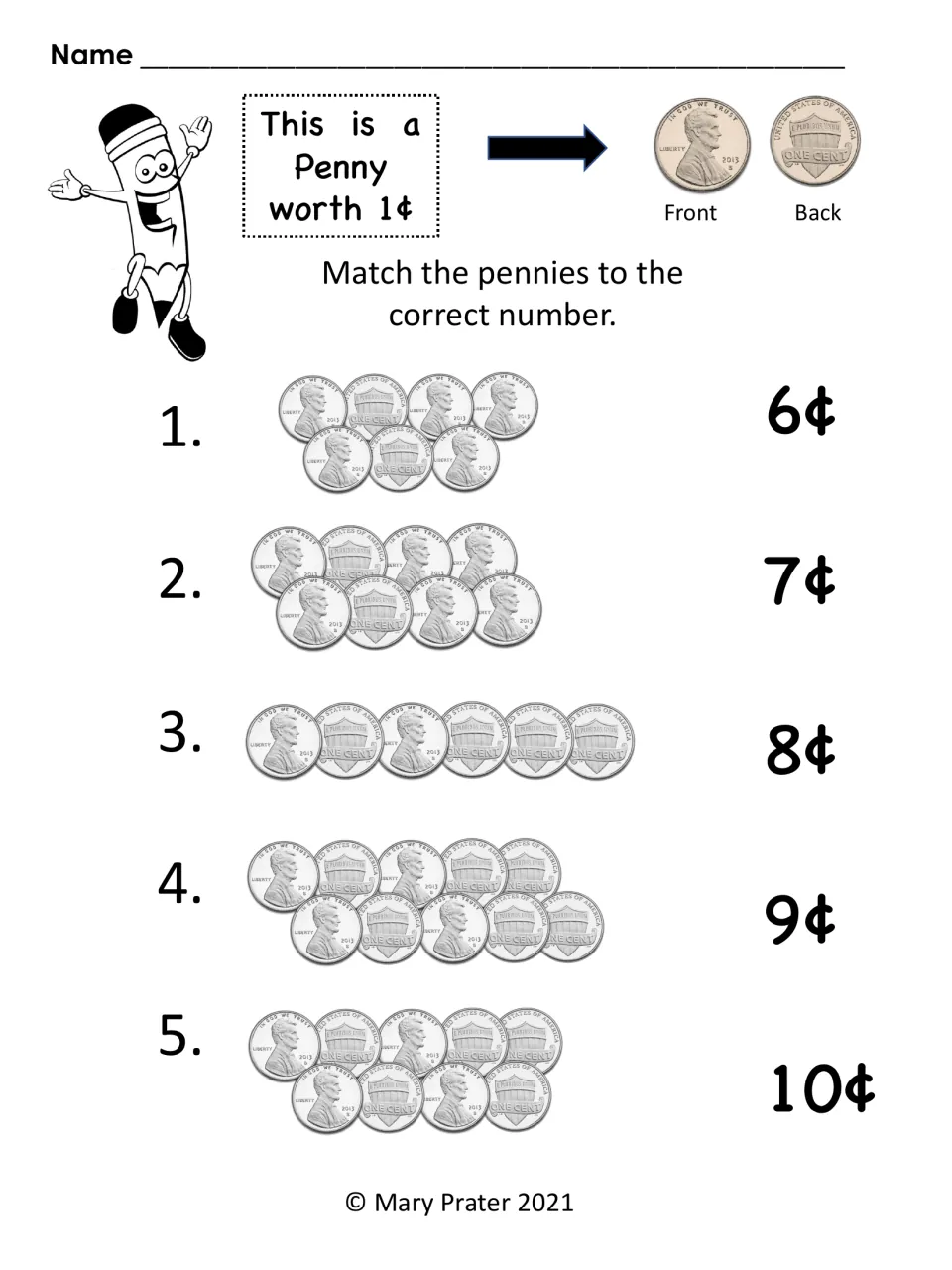 Penny-matching practice asks students to connect five groups of 7, 8, 6, 10, and 9 pennies to cent values