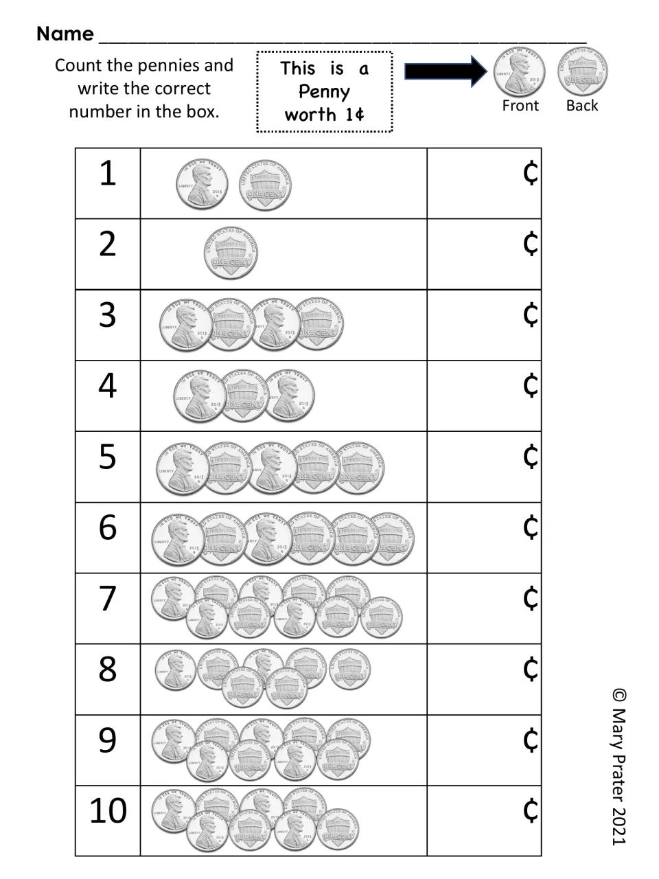 Penny-counting review presents ten coin groups worth 1¢ through 10¢ for students to count and record