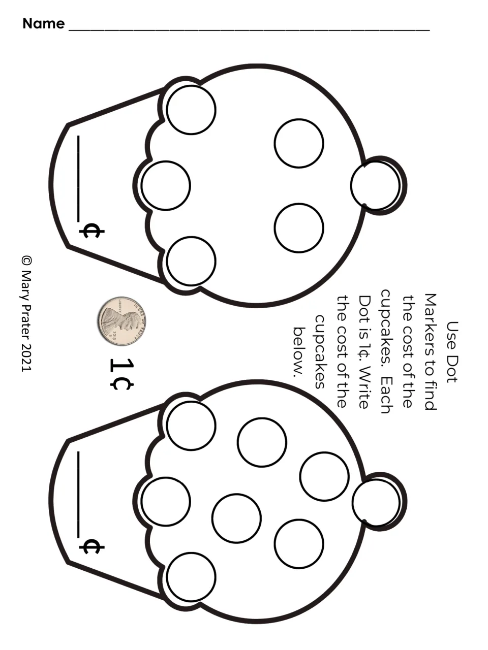 Cupcake dot-marker mat asks students to find and write costs using six and eight dots worth 1¢ each