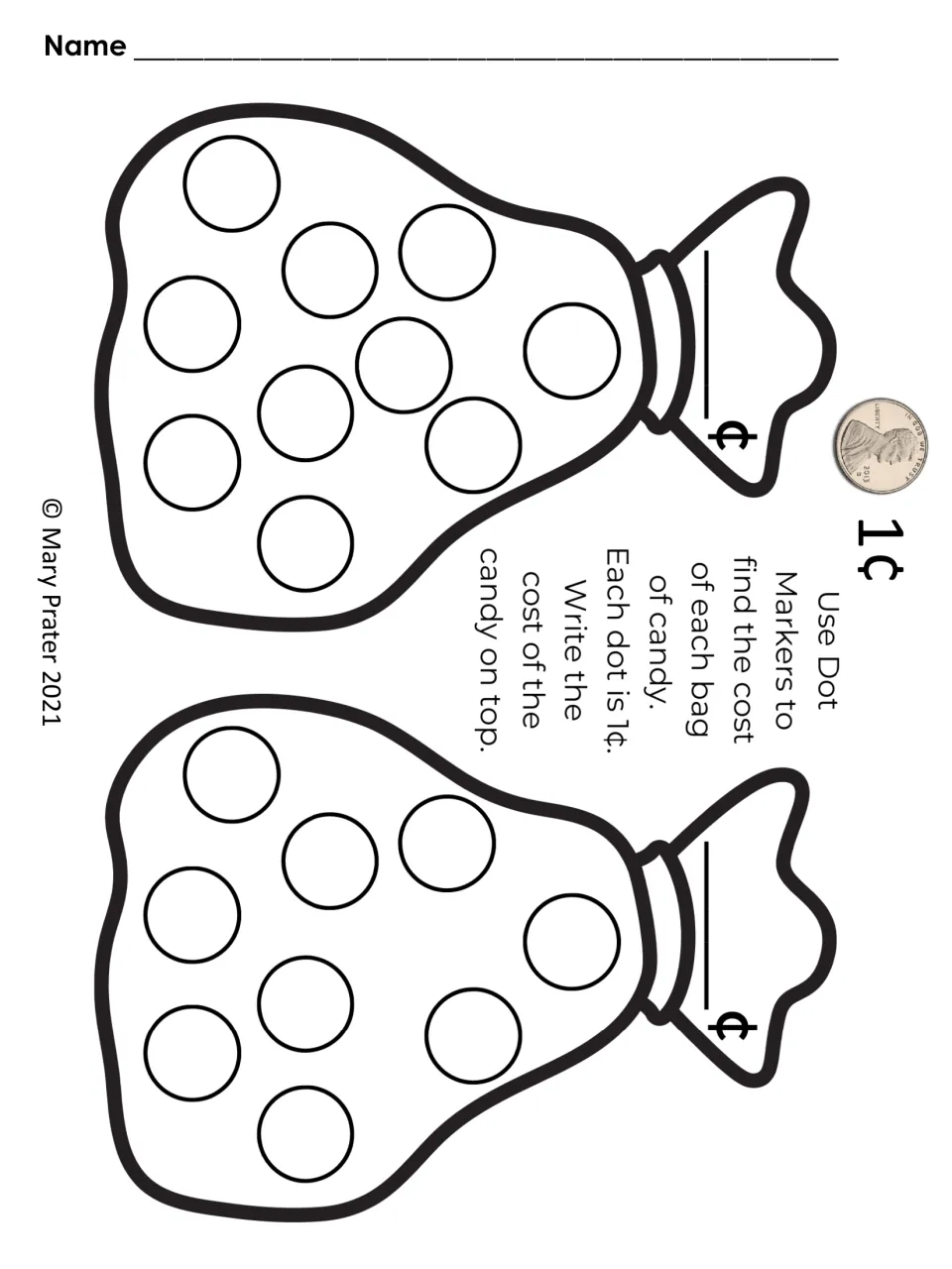 Candy bag dot-marker mat uses ten and nine dots worth 1¢ each to find and write the cost of each bag