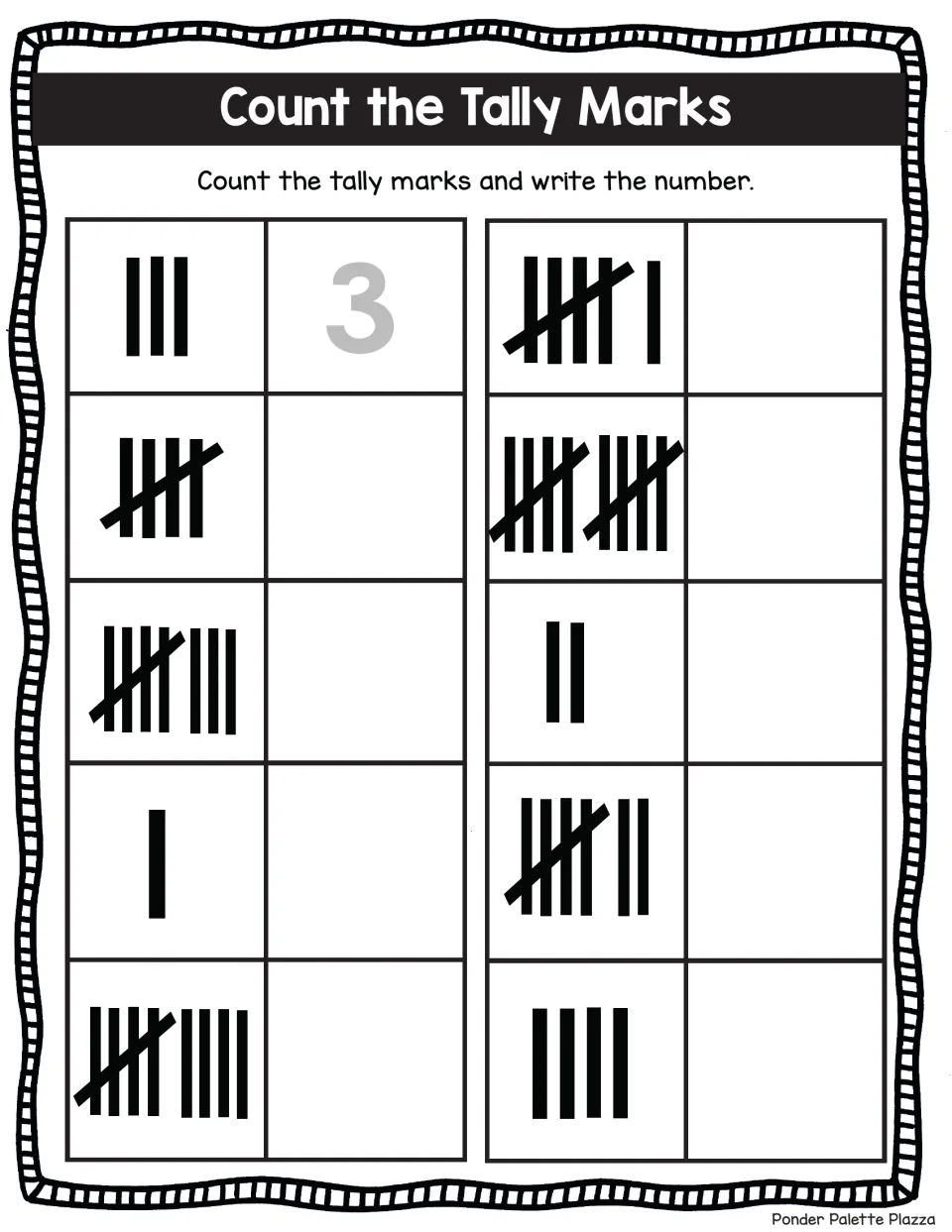 Count the Tally Marks: students count 10 tally sets from 1 to 10 and write each number; first item shows 3 as a model