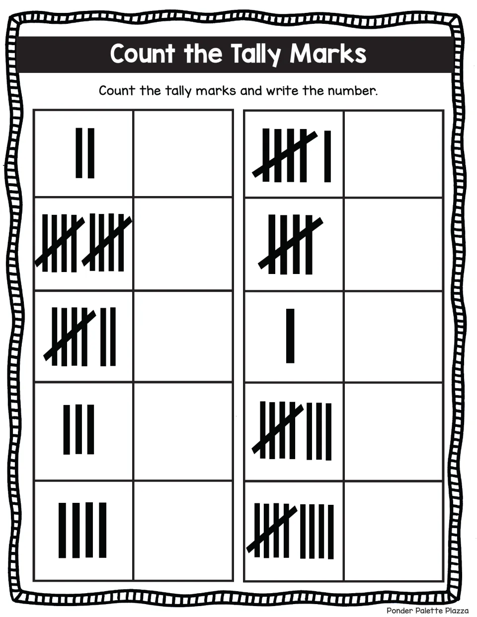 Tally mark counting: students write the number for 10 tally groups, starting with 2 and 10 in the left column