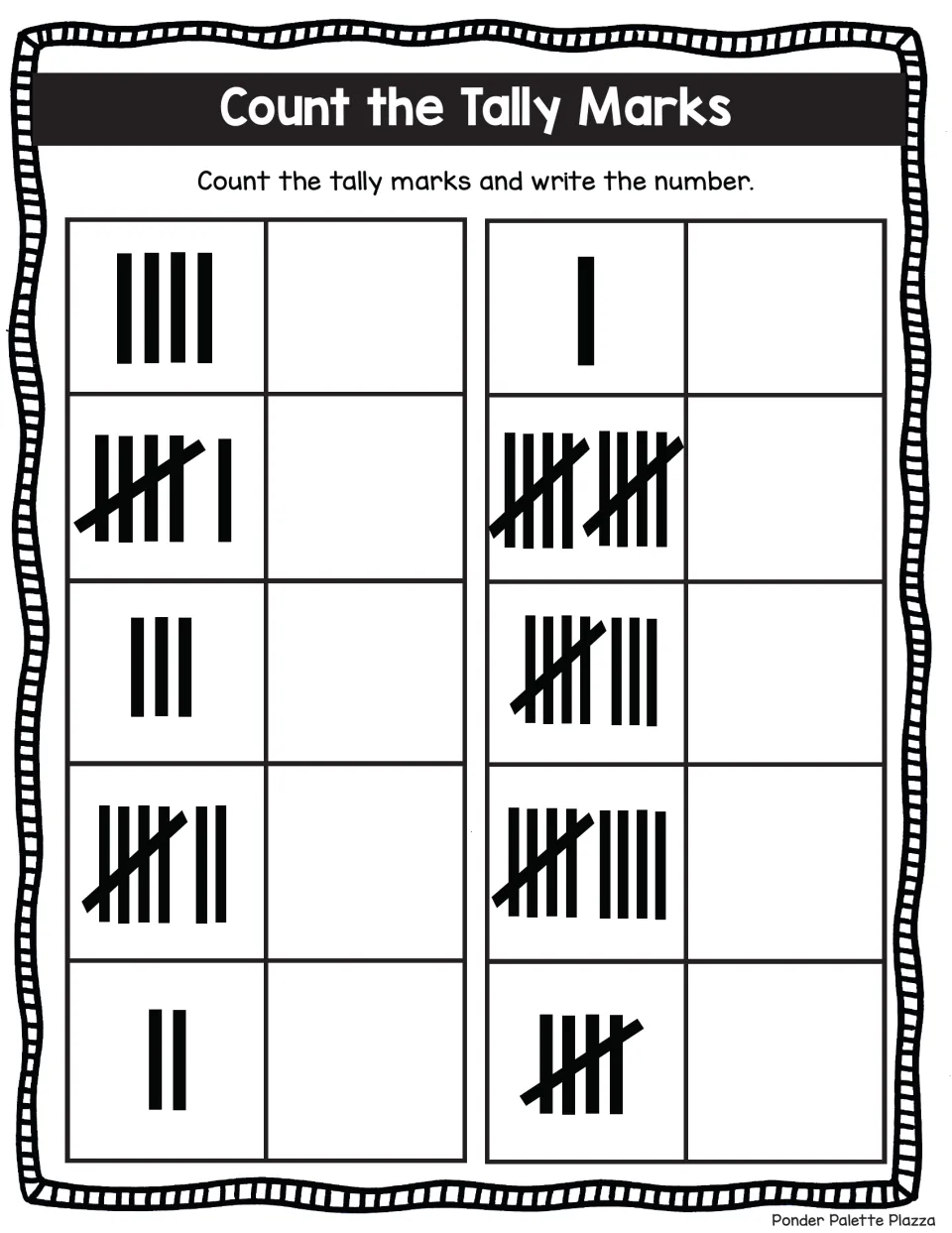Reading tally marks to 10: students count 10 groups, from a single mark to two bundles of five, and write each total