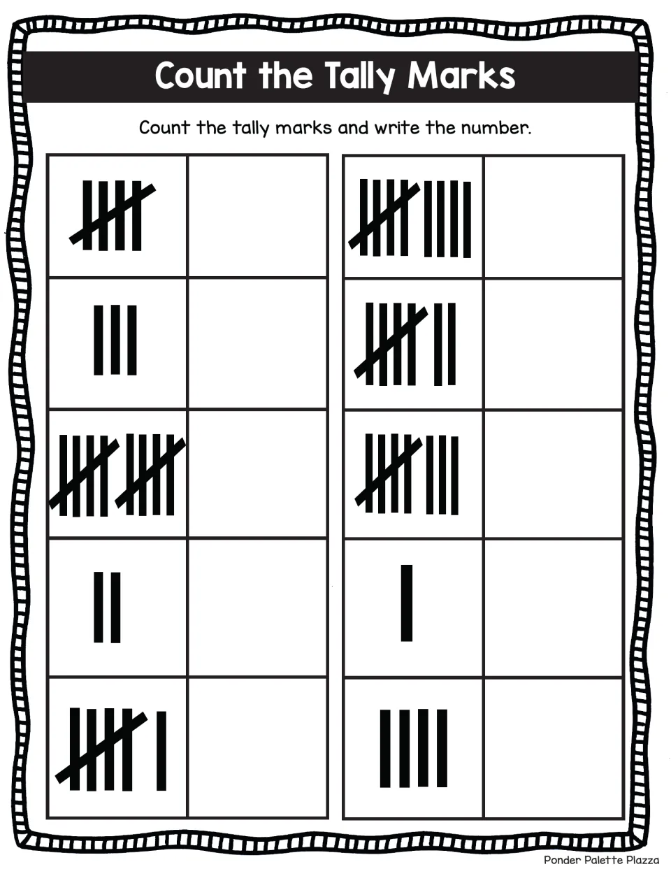 Counting tallies by fives and ones: students record the total for 10 tally groups, starting with a bundle of 5, then 3