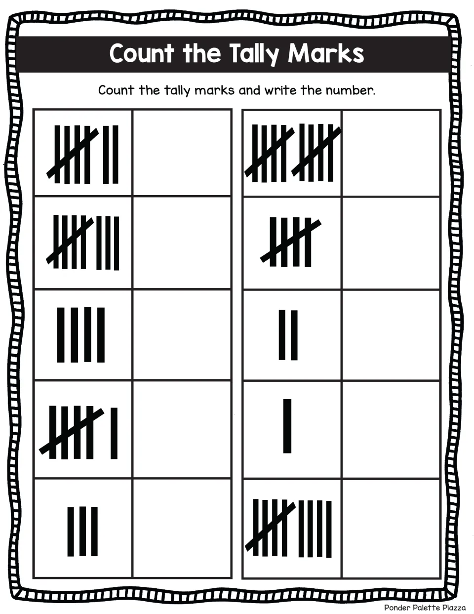 Tally count practice: students count 10 mixed tally groups, opening with 7 and 8, and write down each number