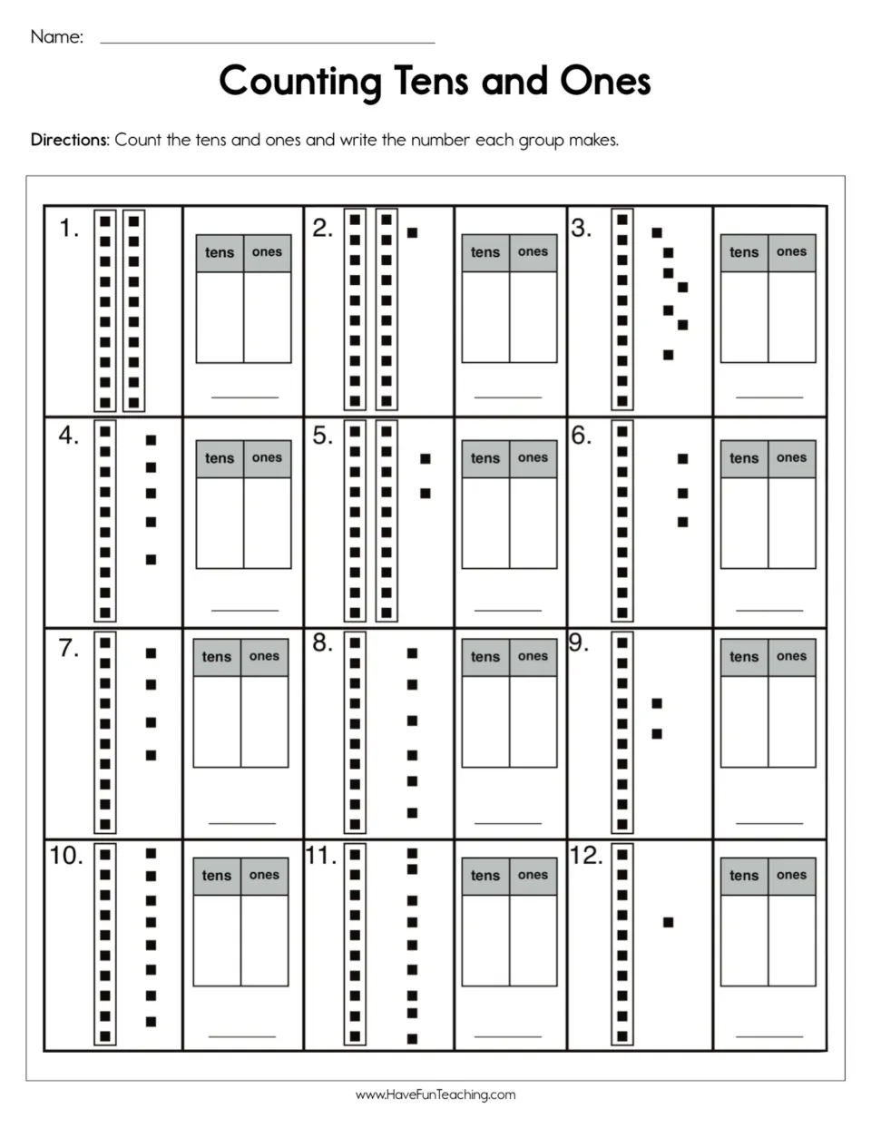 Place value practice: count tens rods and single units in 12 problems, then write the tens, ones, and number.