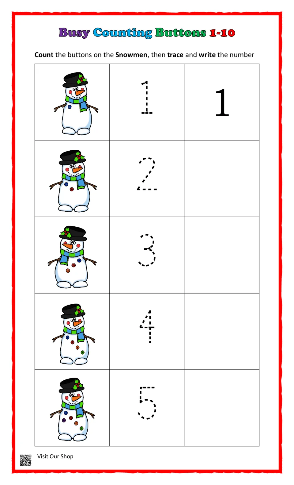 Busy Counting Buttons 1-10: students count buttons on snowmen with 1 to 5 buttons, then trace and write each number
