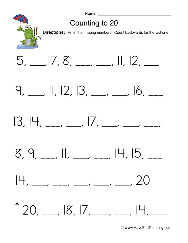 Count to 20 Fill in the Blank Worksheet by Teach Simple