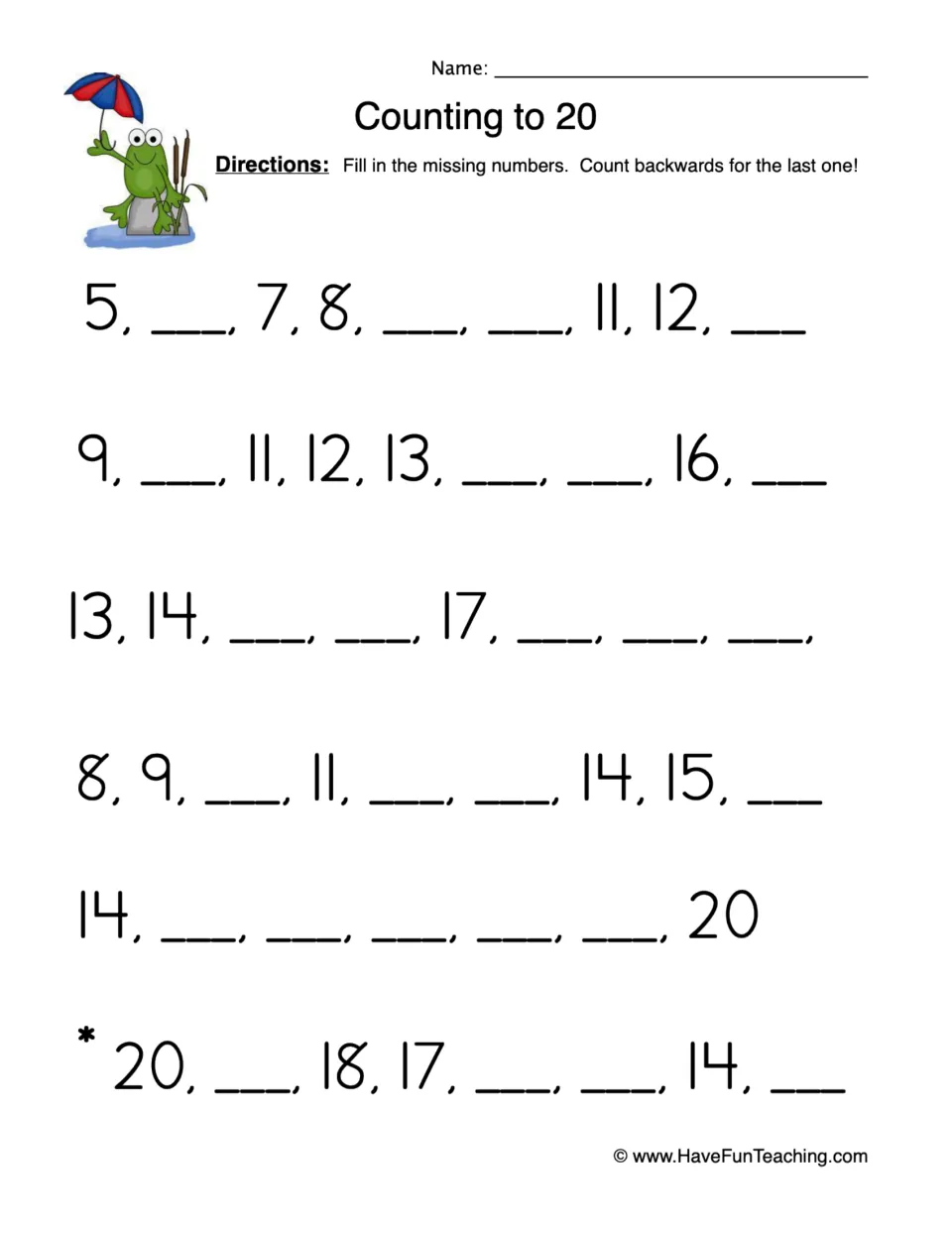 Counting to 20: students fill in missing numbers in six number sequences, counting backwards from 20 on the last row