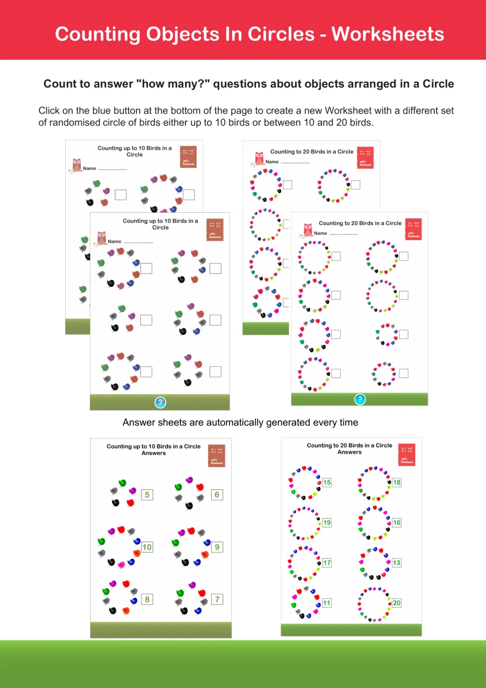 Counting birds in circles: sample sheets to 10 and to 20 where students write how many, plus matching answer sheets