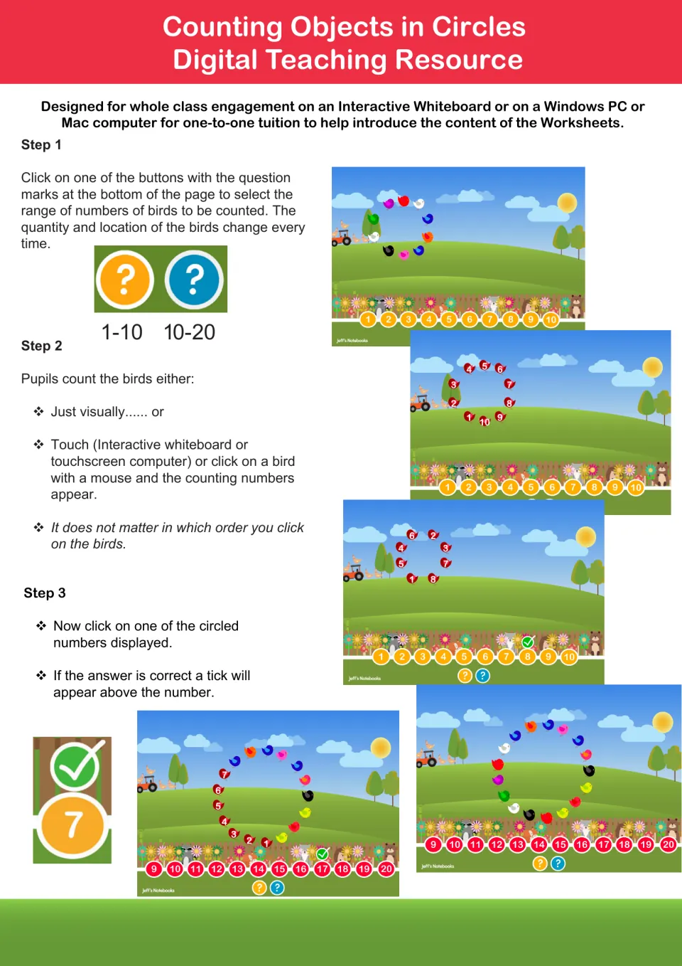 Circle counting on the whiteboard: pupils pick 1-10 or 10-20 birds, tap each to count, then click the matching number