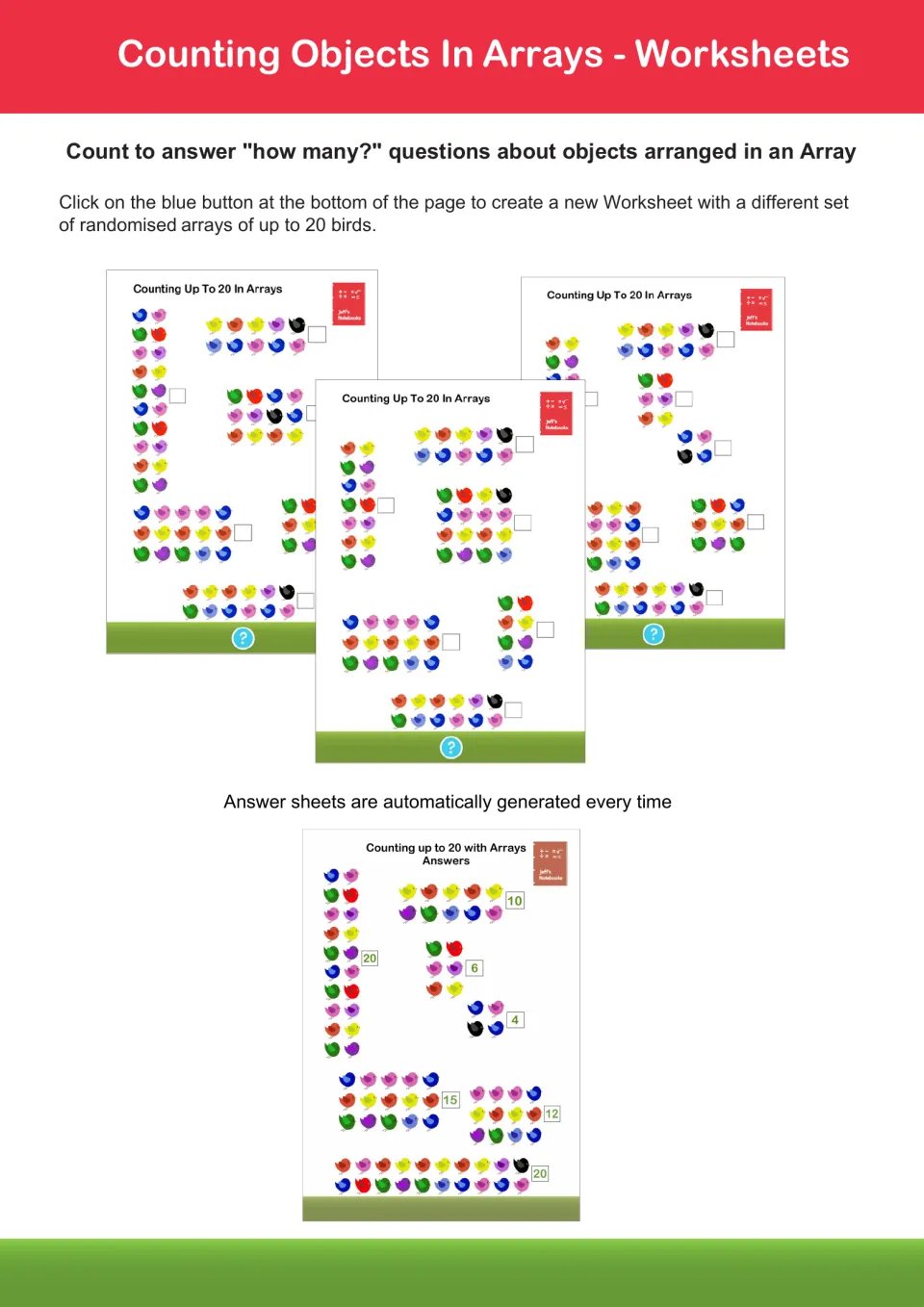 Counting birds in arrays: sample sheets with rows of up to 20 birds and a box for each total, plus a sample answer sheet