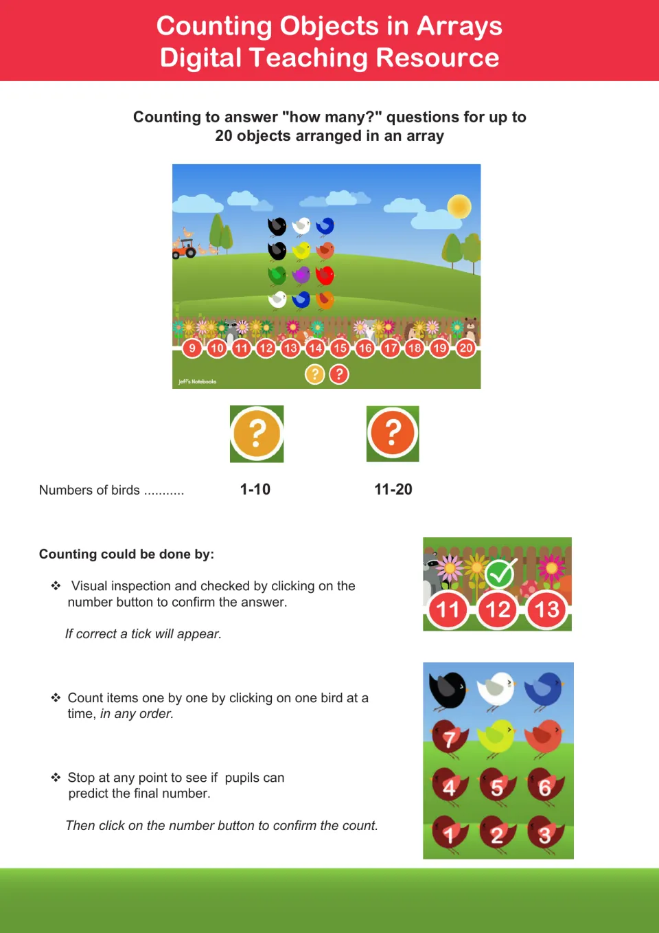 Array counting on screen: pupils count up to 20 birds in rows, predict the total, then click a number to check with a tick